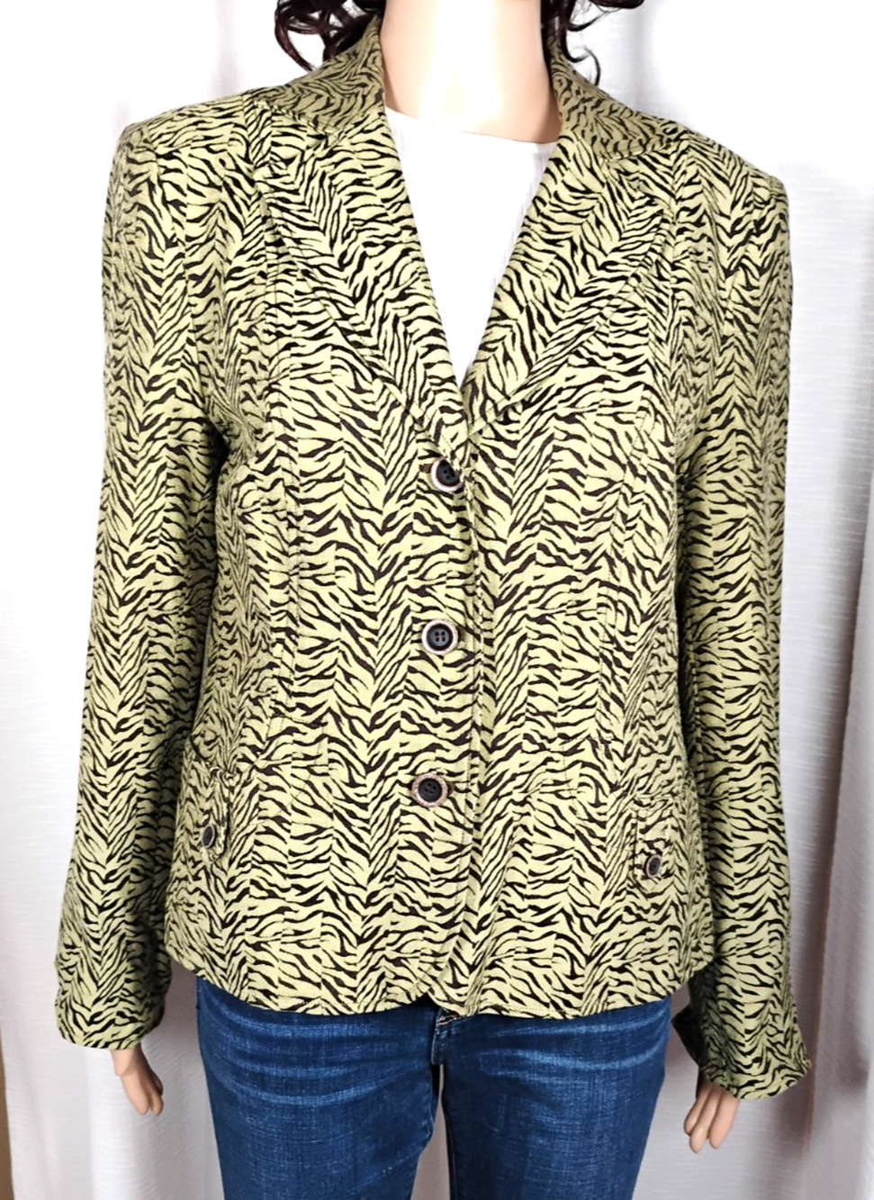 Womens Zebra Print Blazer Jacket Size 14 Green Jacquard Lined Padded Shoulders